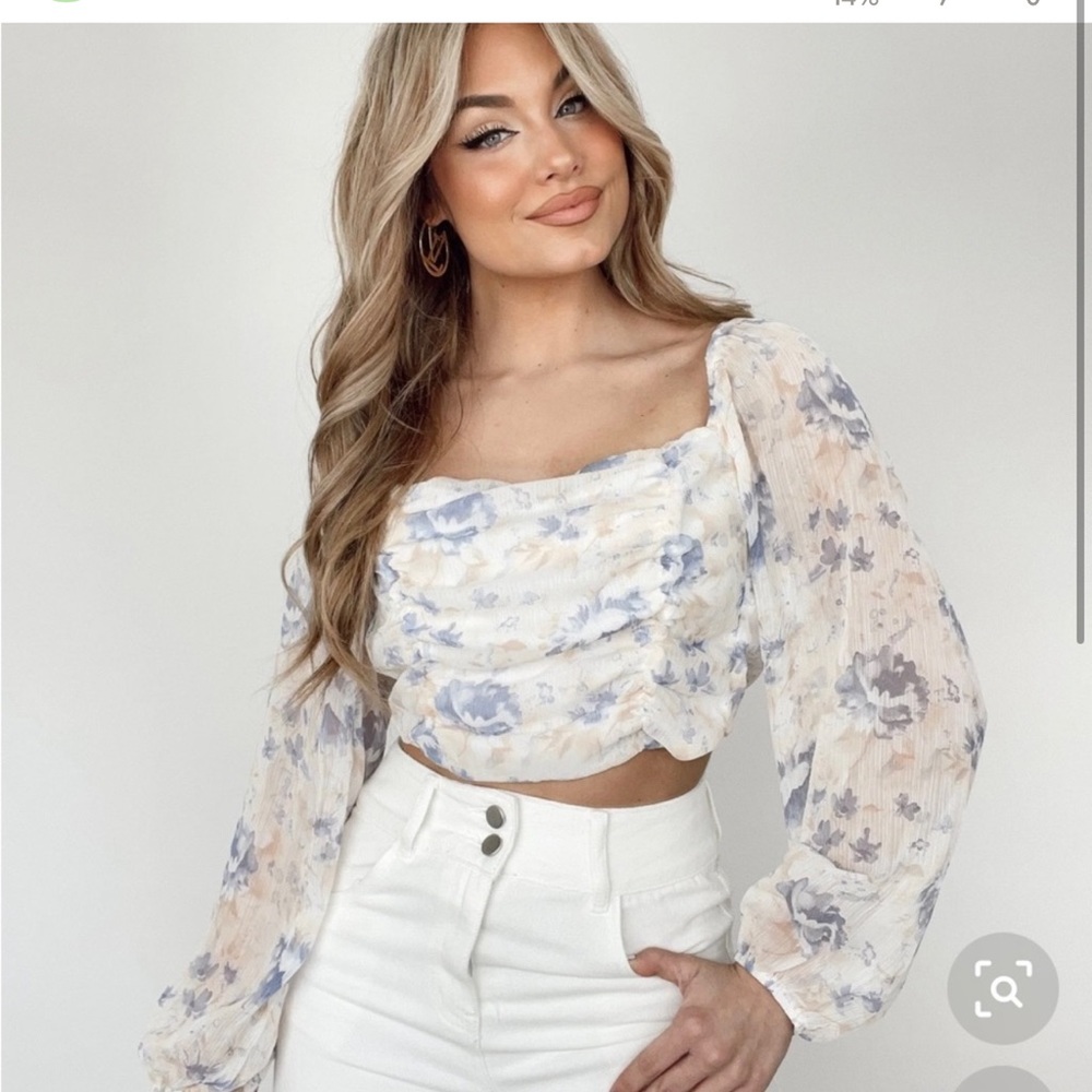 Floral Ruched Square-Neck Blouse - White/Blue